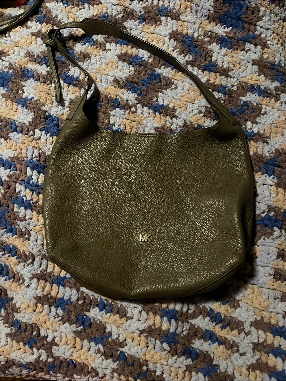 Michael Kors Olive Pebbled Leather Shoulder Hobo with Gold MK Logo